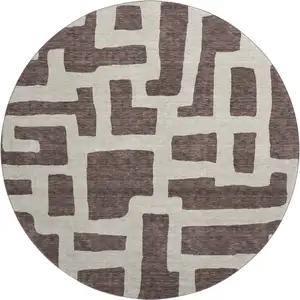 Photo of 8' Chocolate And Beige Abstract Geometric Washable Round Rug With UV Protection