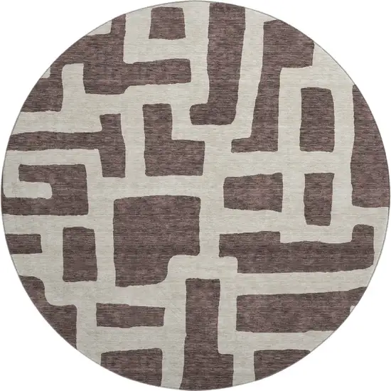 8' Chocolate And Beige Abstract Geometric Washable Round Rug With UV Protection Photo 1