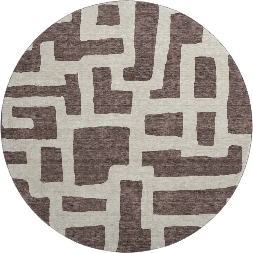 8' Chocolate And Beige Abstract Geometric Washable Round Rug With UV Protection Photo 1