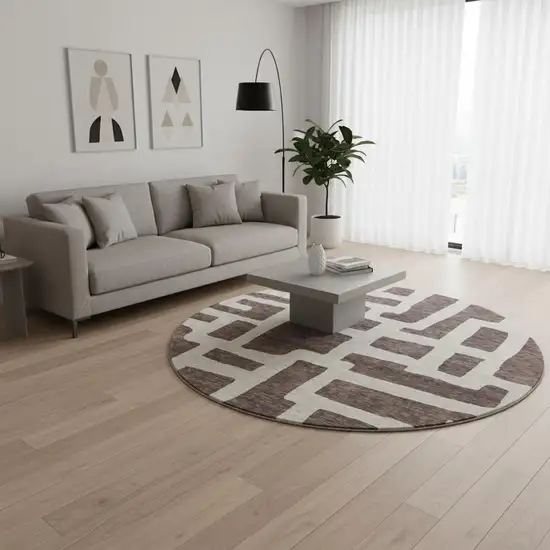 8' Chocolate And Beige Abstract Geometric Washable Round Rug With UV Protection Photo 2