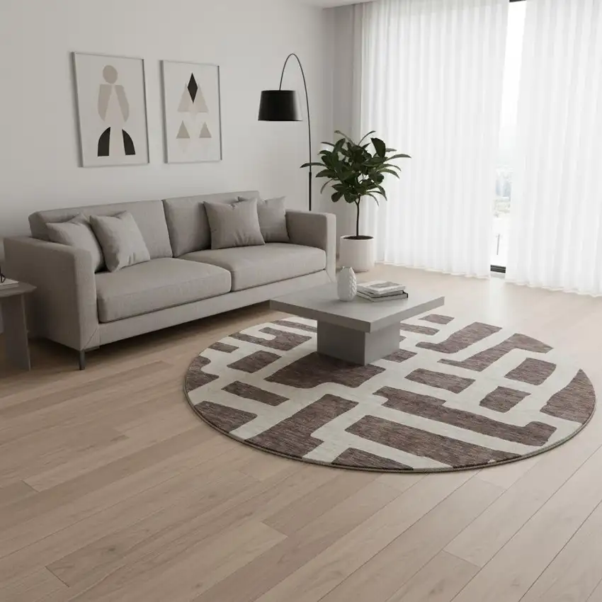 8' Chocolate And Beige Abstract Geometric Washable Round Rug With UV Protection Photo 2