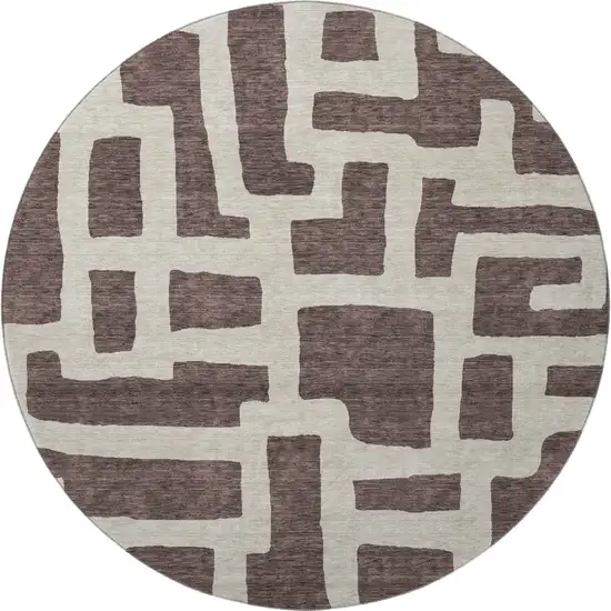 8' Chocolate And Beige Abstract Geometric Washable Round Rug With UV Protection Photo 3