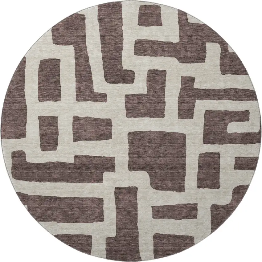8' Chocolate And Beige Abstract Geometric Washable Round Rug With UV Protection Photo 3