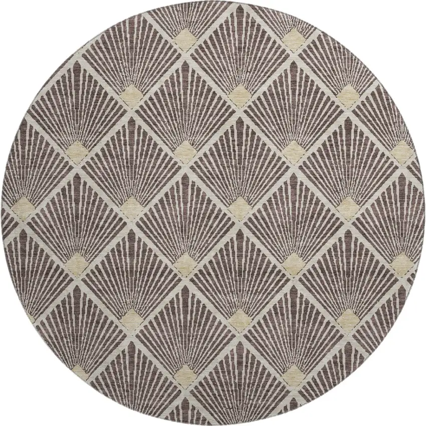 8' Chocolate And Beige Abstract Geometric Washable Round Rug With UV Protection Photo 1