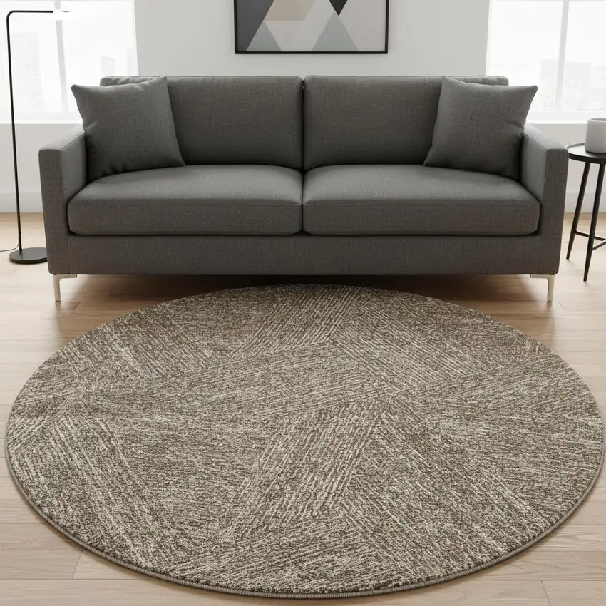 8' Chocolate And Beige Abstract Washable Round Rug With UV Protection Photo 2
