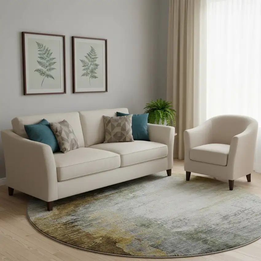 8' Chocolate And Beige Abstract Washable Round Rug With UV Protection Photo 2