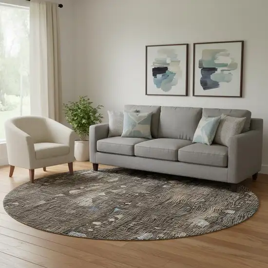 8' Chocolate And Beige Abstract Washable Round Rug With UV Protection Photo 2