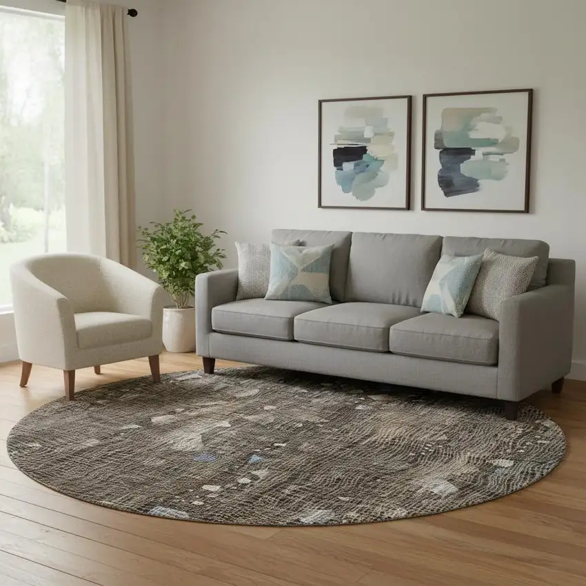 8' Chocolate And Beige Abstract Washable Round Rug With UV Protection Photo 2