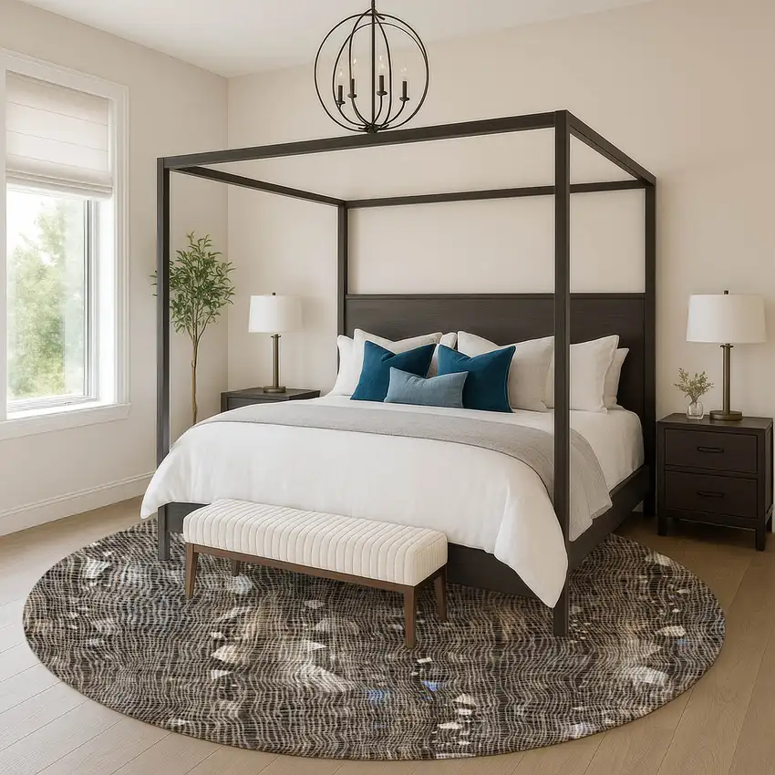 8' Chocolate And Beige Abstract Washable Round Rug With UV Protection Photo 5