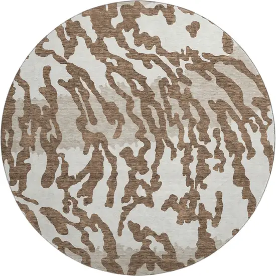 8' Chocolate And Beige Animal Print Washable Round Rug With UV Protection Photo 1
