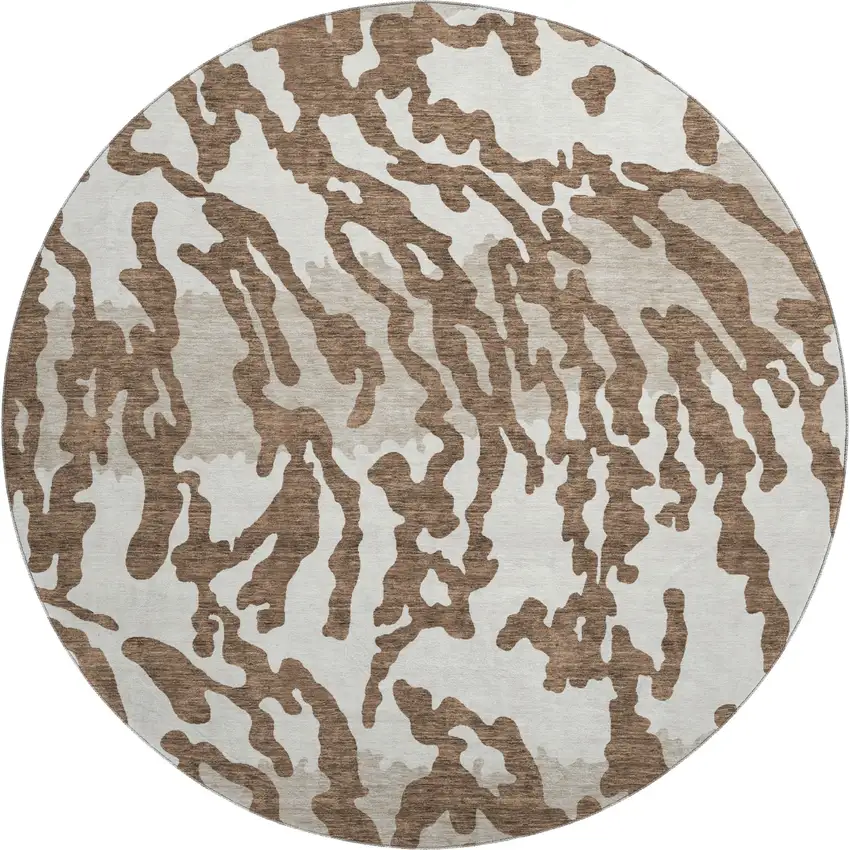 8' Chocolate And Beige Animal Print Washable Round Rug With UV Protection Photo 1