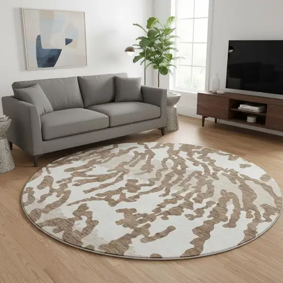 8' Chocolate And Beige Animal Print Washable Round Rug With UV Protection Photo 2