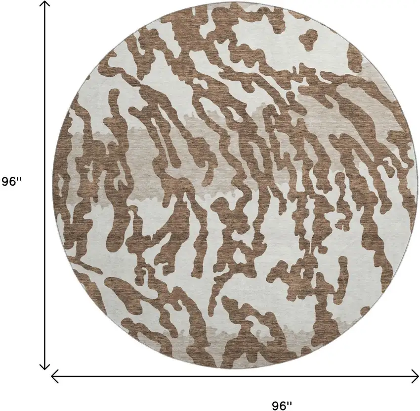 8' Chocolate And Beige Animal Print Washable Round Rug With UV Protection Photo 9