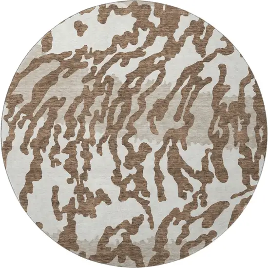 8' Chocolate And Beige Animal Print Washable Round Rug With UV Protection Photo 3
