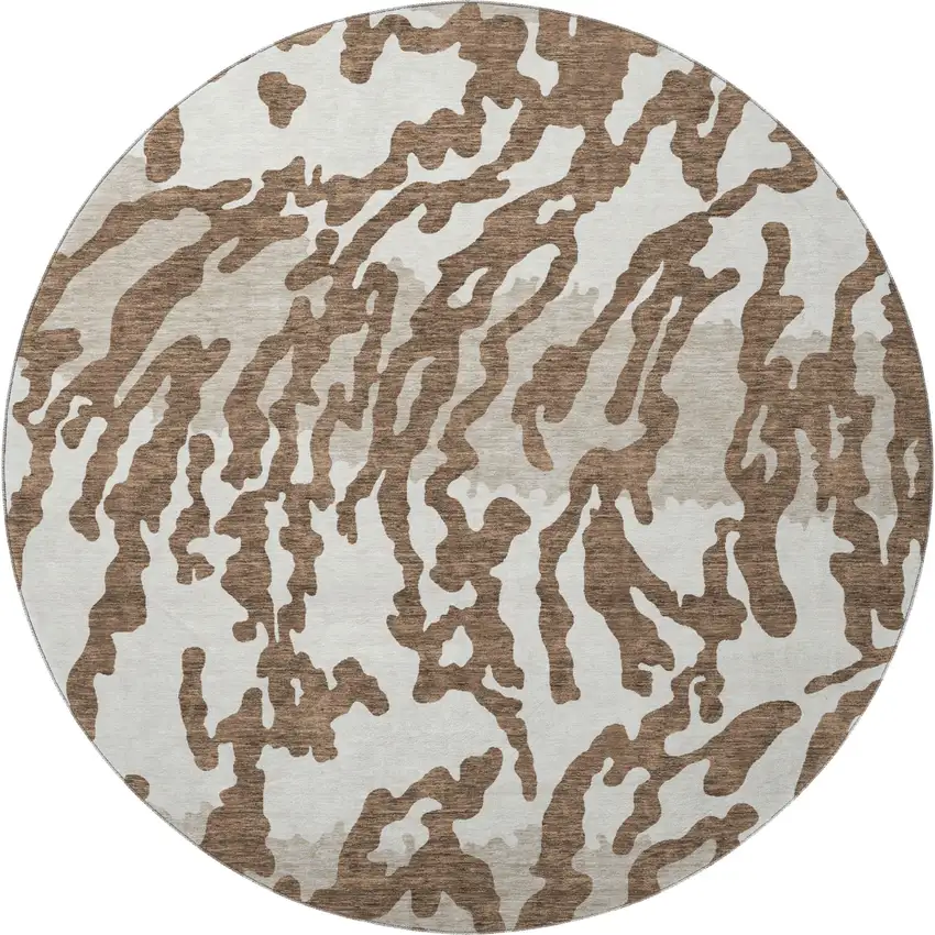 8' Chocolate And Beige Animal Print Washable Round Rug With UV Protection Photo 3