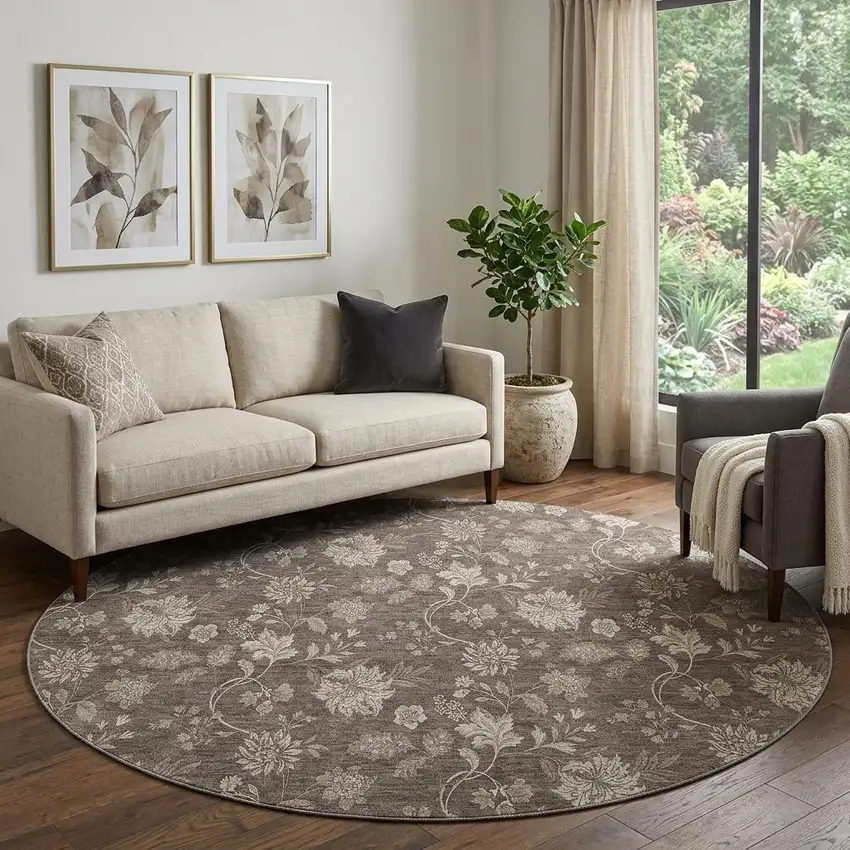 8' Chocolate And Beige Floral Washable Round Rug With UV Protection Photo 1