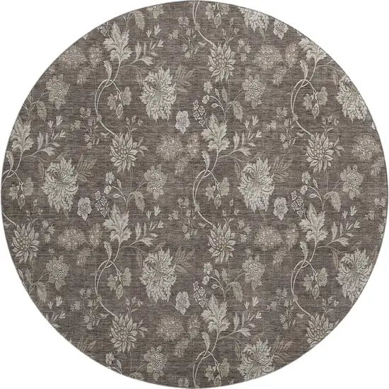 8' Chocolate And Beige Floral Washable Round Rug With UV Protection Photo 1