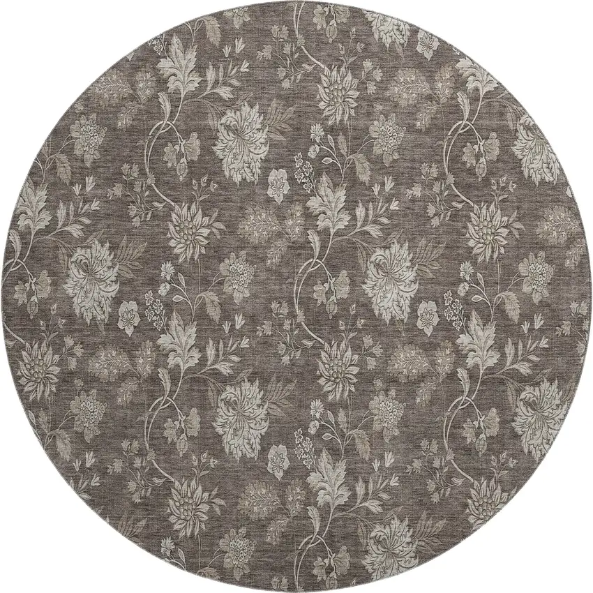 8' Chocolate And Beige Floral Washable Round Rug With UV Protection Photo 1