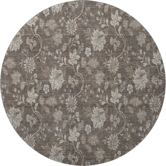 8' Chocolate And Beige Floral Washable Round Rug With UV Protection Photo 3