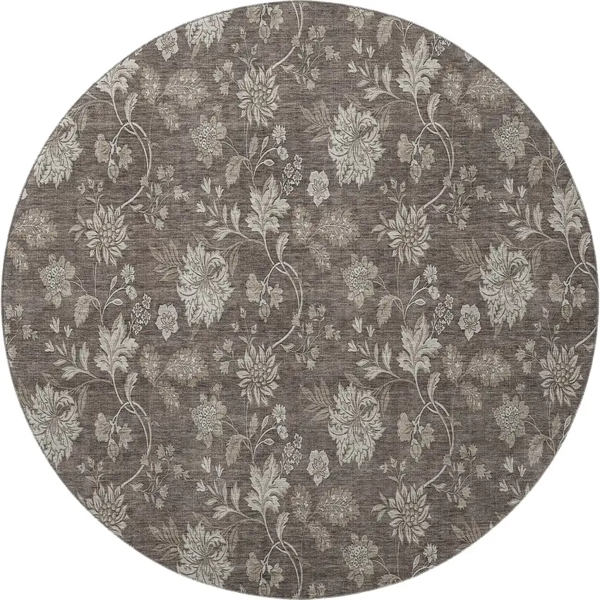 8' Chocolate And Beige Floral Washable Round Rug With UV Protection Photo 3