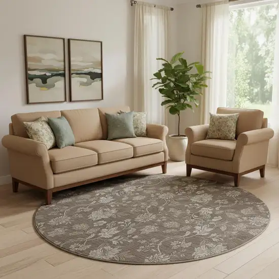 8' Chocolate And Beige Floral Washable Round Rug With UV Protection Photo 1