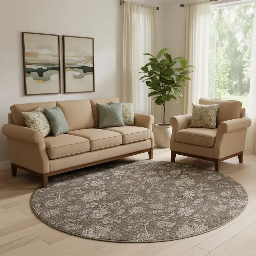 8' Chocolate And Beige Floral Washable Round Rug With UV Protection Photo 1