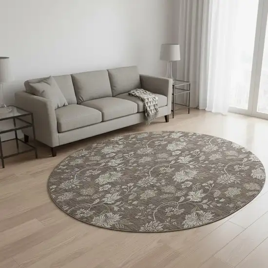 8' Chocolate And Beige Floral Washable Round Rug With UV Protection Photo 2