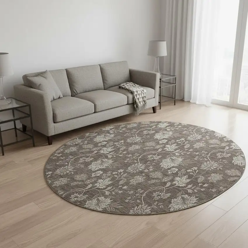 8' Chocolate And Beige Floral Washable Round Rug With UV Protection Photo 2