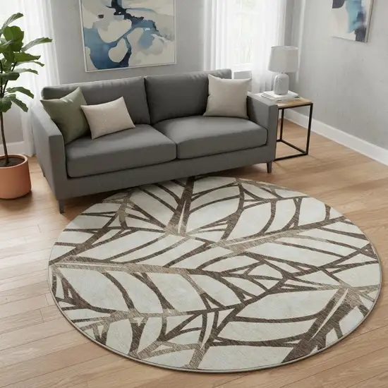 8' Chocolate And Beige Floral Washable Round Rug With UV Protection Photo 2