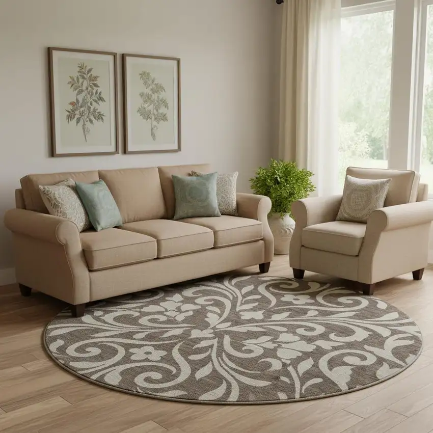 8' Chocolate And Beige Floral Washable Round Rug With UV Protection Photo 1