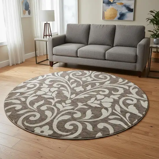 8' Chocolate And Beige Floral Washable Round Rug With UV Protection Photo 2