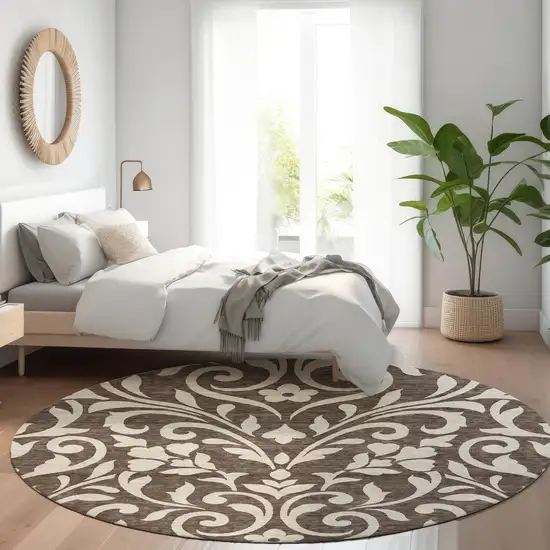 8' Chocolate And Beige Floral Washable Round Rug With UV Protection Photo 4