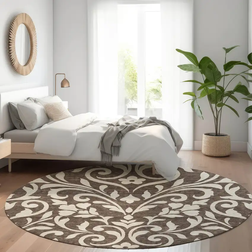 8' Chocolate And Beige Floral Washable Round Rug With UV Protection Photo 4