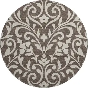 Photo of 8' Chocolate And Beige Floral Washable Round Rug With UV Protection