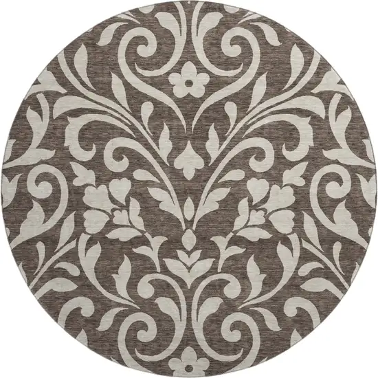 8' Chocolate And Beige Floral Washable Round Rug With UV Protection Photo 1
