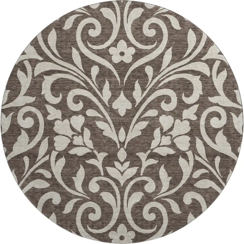 8' Chocolate And Beige Floral Washable Round Rug With UV Protection Photo 1