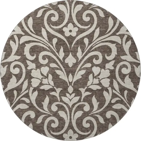 8' Chocolate And Beige Floral Washable Round Rug With UV Protection Photo 3