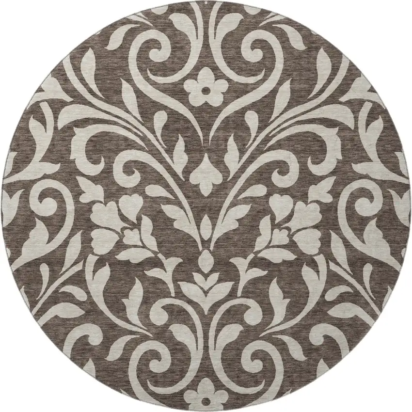 8' Chocolate And Beige Floral Washable Round Rug With UV Protection Photo 3