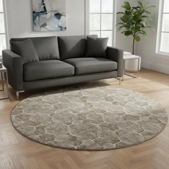 8' Chocolate And Beige Geometric Washable Round Rug With UV Protection Photo 2