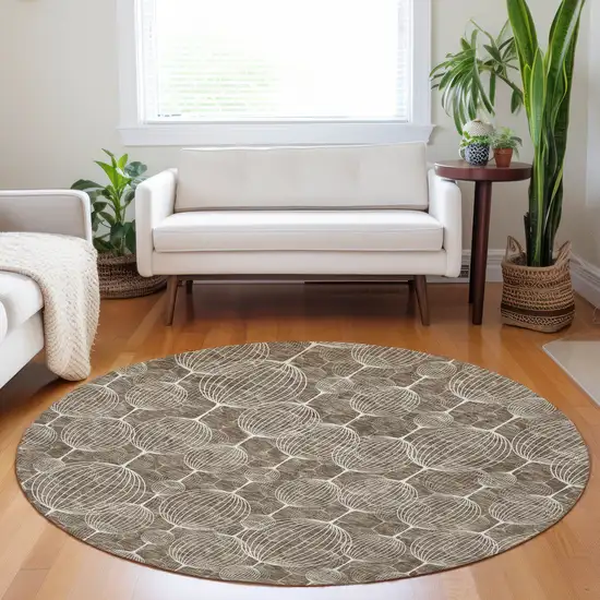 8' Chocolate And Beige Geometric Washable Round Rug With UV Protection Photo 5