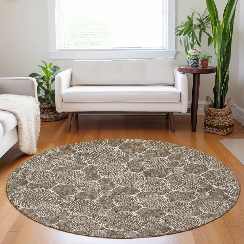 8' Chocolate And Beige Geometric Washable Round Rug With UV Protection Photo 5