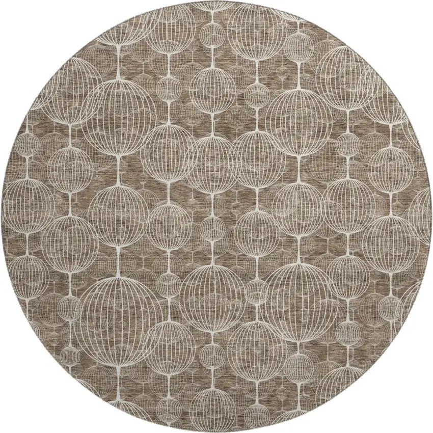 8' Chocolate And Beige Geometric Washable Round Rug With UV Protection Photo 1