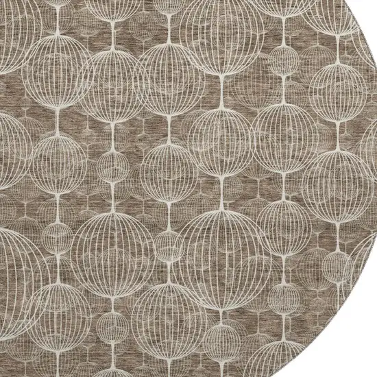 8' Chocolate And Beige Geometric Washable Round Rug With UV Protection Photo 3