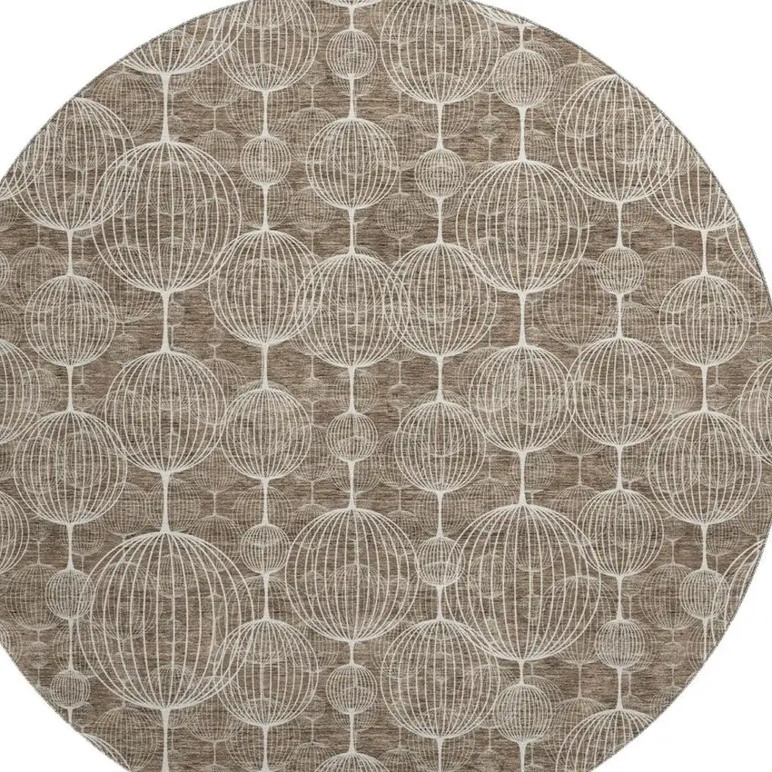 8' Chocolate And Beige Geometric Washable Round Rug With UV Protection Photo 4