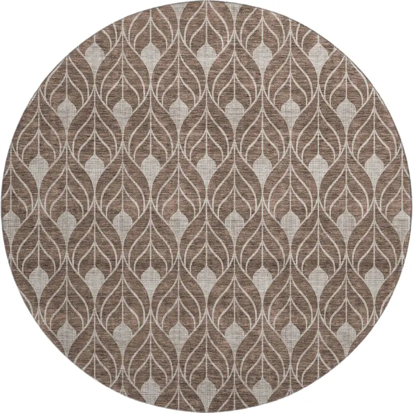 8' Chocolate And Beige Geometric Washable Round Rug With UV Protection Photo 1