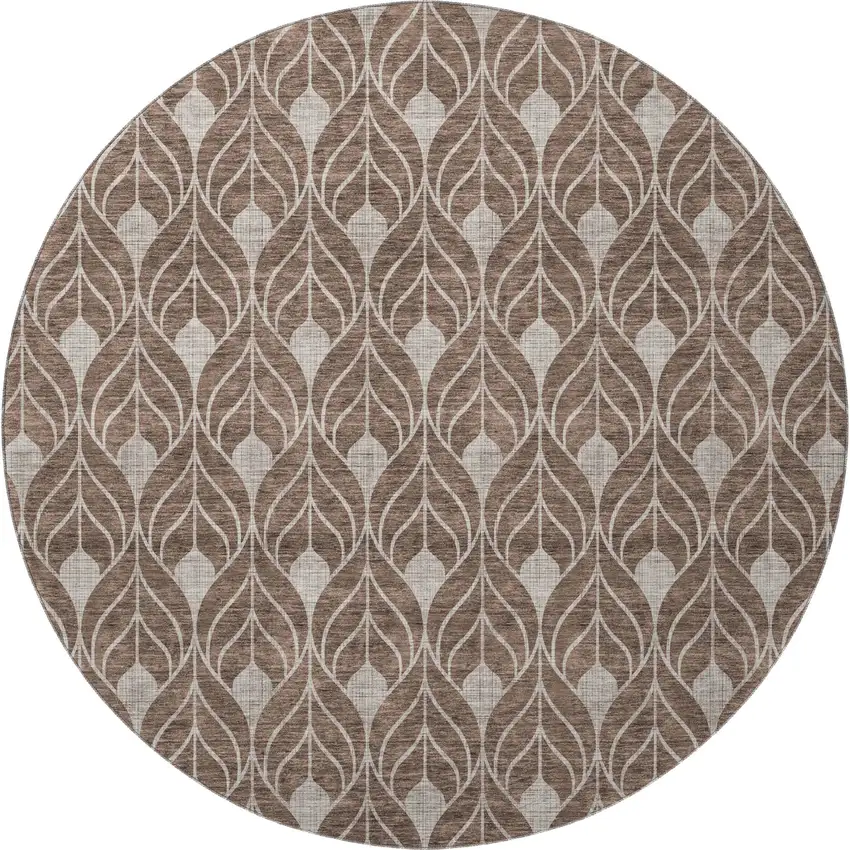 8' Chocolate And Beige Geometric Washable Round Rug With UV Protection Photo 2