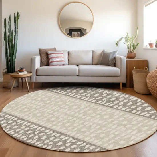 8' Chocolate And Beige Geometric Washable Round Rug With UV Protection Photo 4