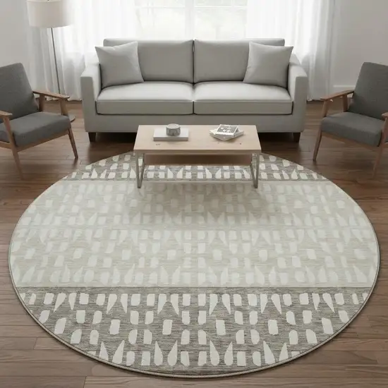 8' Chocolate And Beige Geometric Washable Round Rug With UV Protection Photo 2