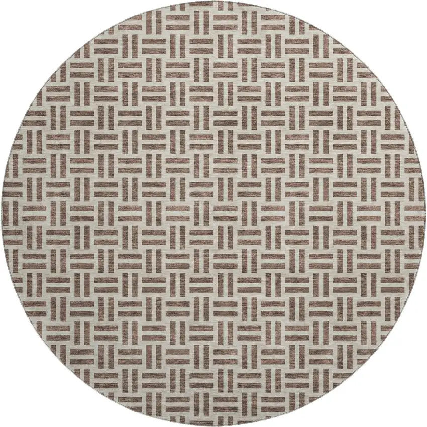 8' Chocolate And Beige Geometric Washable Round Rug With UV Protection Photo 1