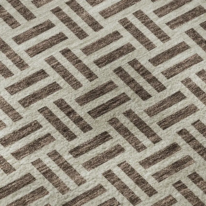 8' Chocolate And Beige Geometric Washable Round Rug With UV Protection Photo 8